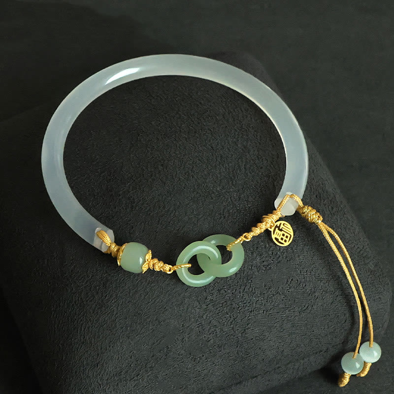 58mm Sterling Silver White Agate Hetian Jade Peace Buckle Bracelet