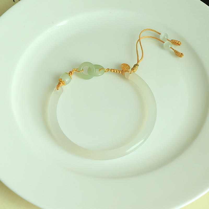 58mm Sterling Silver White Agate Hetian Jade Peace Buckle Bracelet