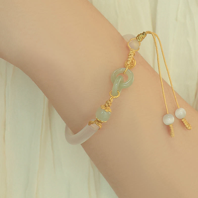 58mm Sterling Silver White Agate Hetian Jade Peace Buckle Bracelet