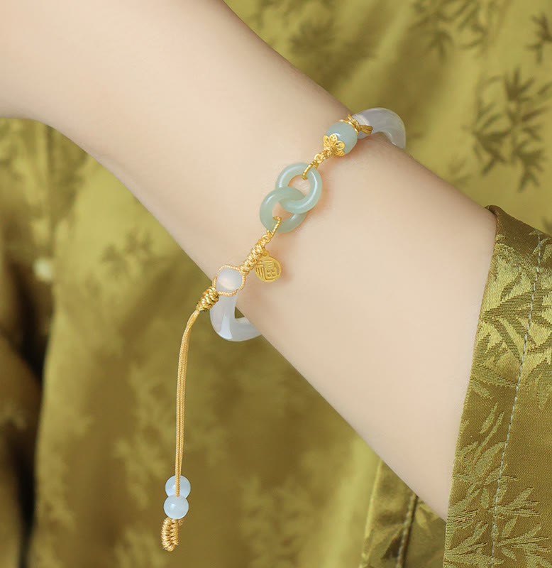 58mm Sterling Silver White Agate Hetian Jade Peace Buckle Bracelet