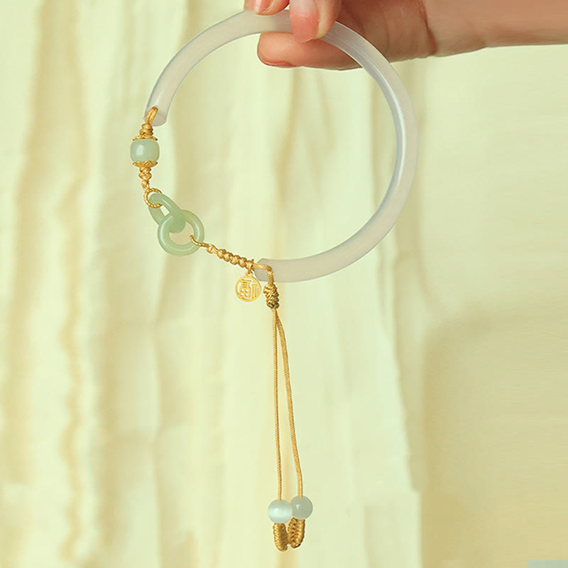 58mm Sterling Silver White Agate Hetian Jade Peace Buckle Bracelet