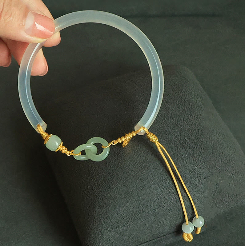 58mm Sterling Silver White Agate Hetian Jade Peace Buckle Bracelet