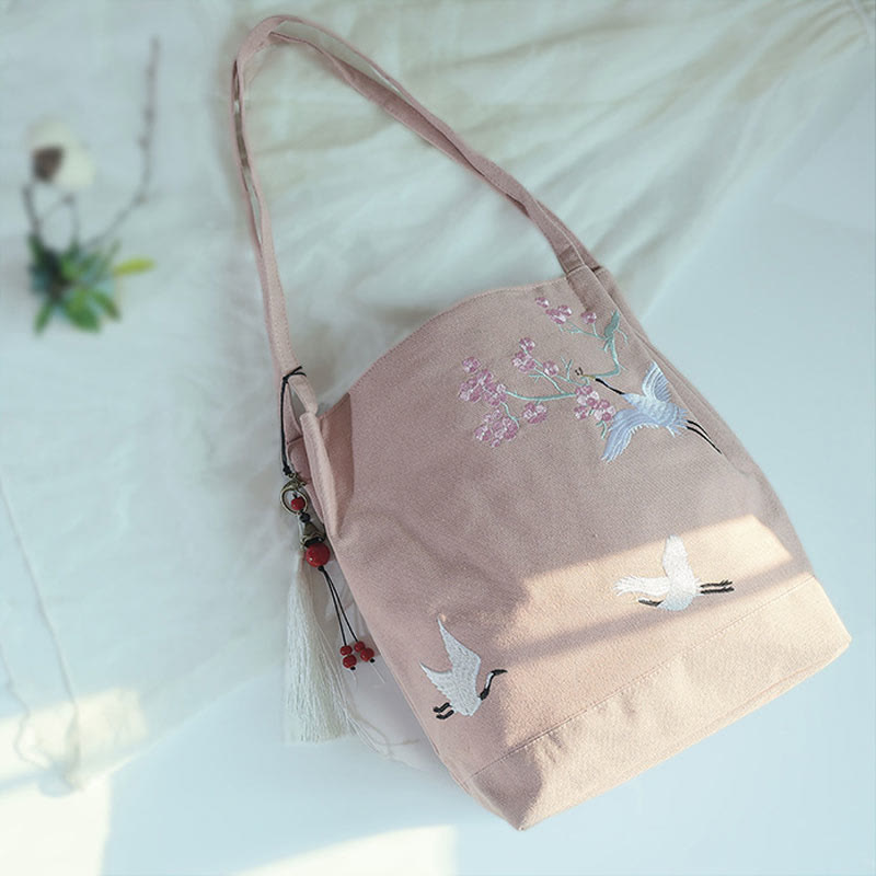 Canvas Tote Bag with Flower Crane & Plum Blossom Embroidery