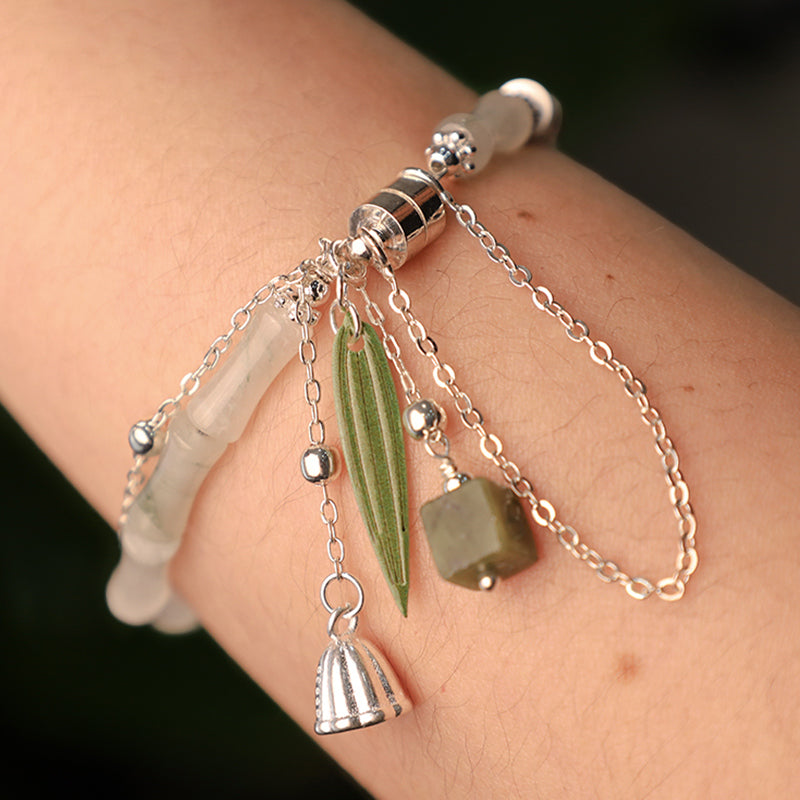 White Jade Happiness Bracelet with Bamboo Leaf Lantern Charm