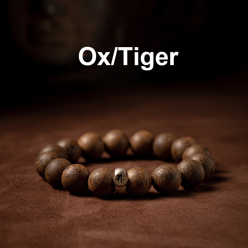 Natural Agarwood Chinese Zodiac Peace Bracelet 12mm Beads