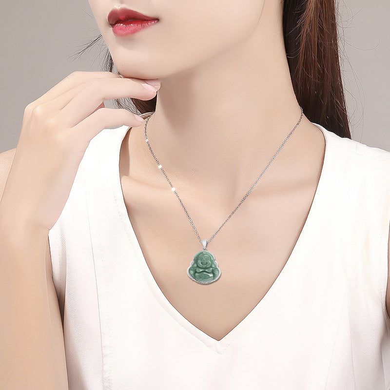 Jade Laughing Buddha Necklace 925 Sterling Silver Pendant