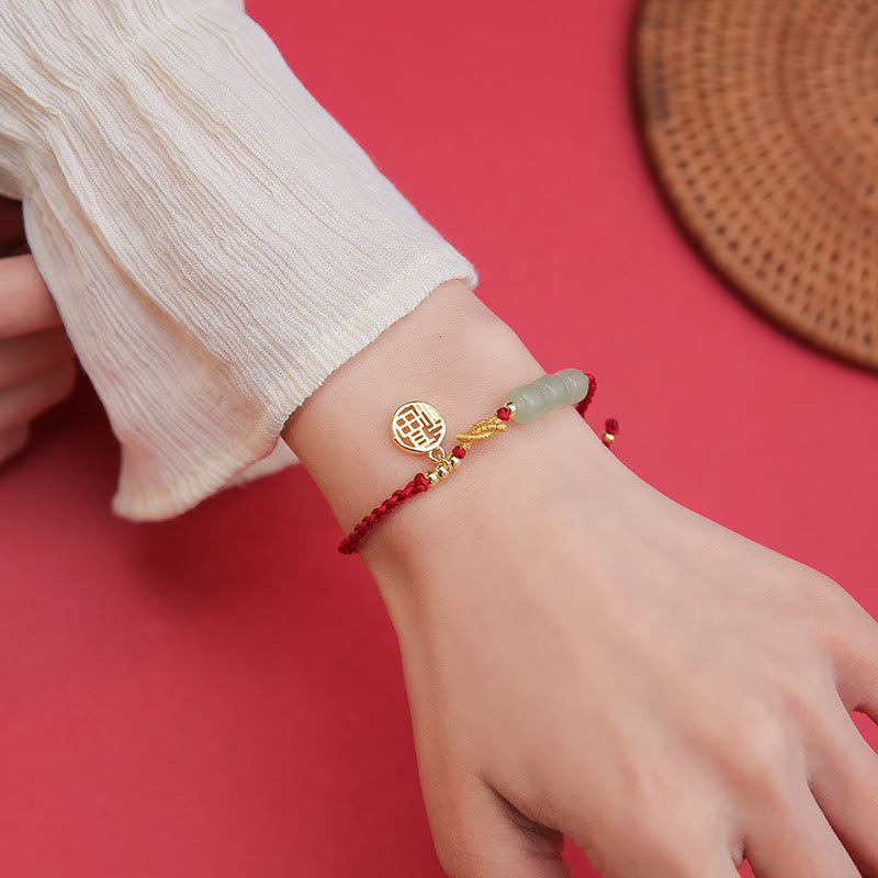 Jade Bead Bracelet with Fu Charm on Red Rope for Luck & Prosperity