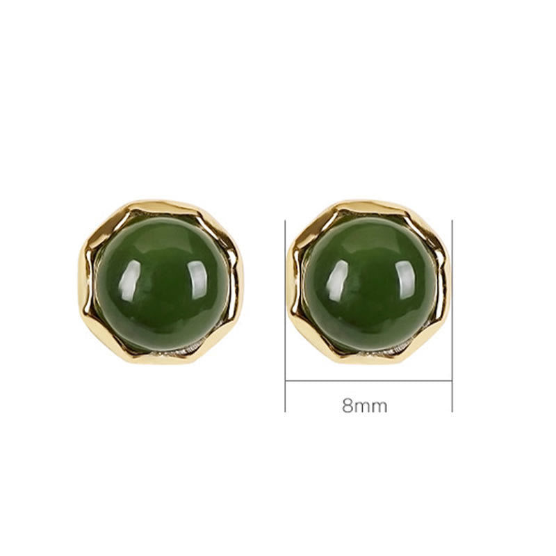 8mm Cyan Jade Stud Earrings in Sterling Silver Gold Plated for Luck