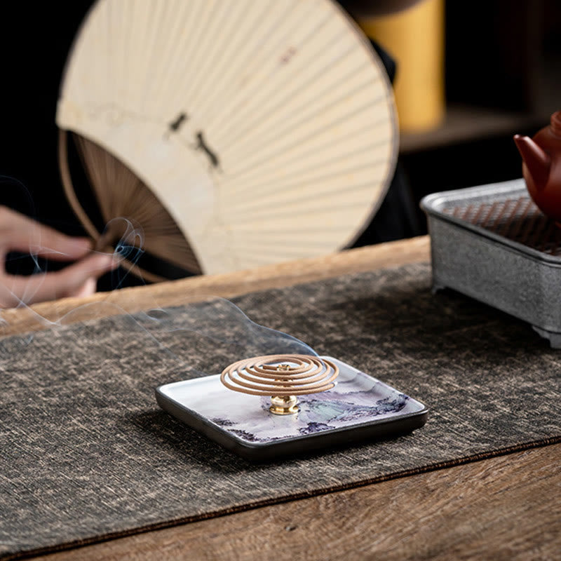 Ceramic Incense Burner Tray with Mountain Lake Flower Leaf Design
