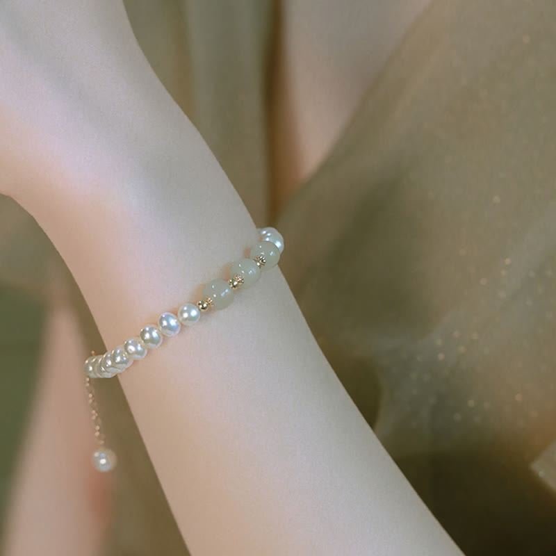 14K Gold Plated Pearl Hetian Jade Bead Bracelet for Harmony