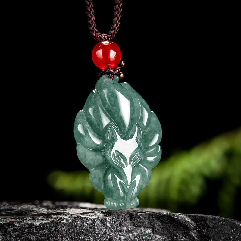Green Jade Nine Tailed Fox Luck Necklace Pendant