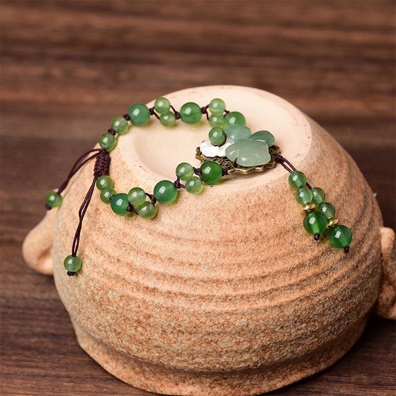 Unisex Green Jade Luck Flower Charm Bracelet 6-10mm Beads