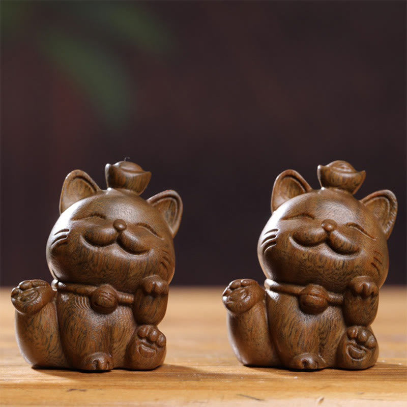 5cm Green Sandalwood Lucky Cat Statue for Peace & Prosperity