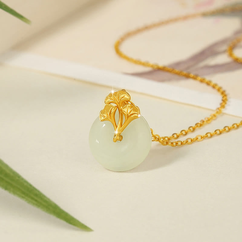 925 Sterling Silver Hetian Jade Ginkgo Leaves Prosperity Necklace
