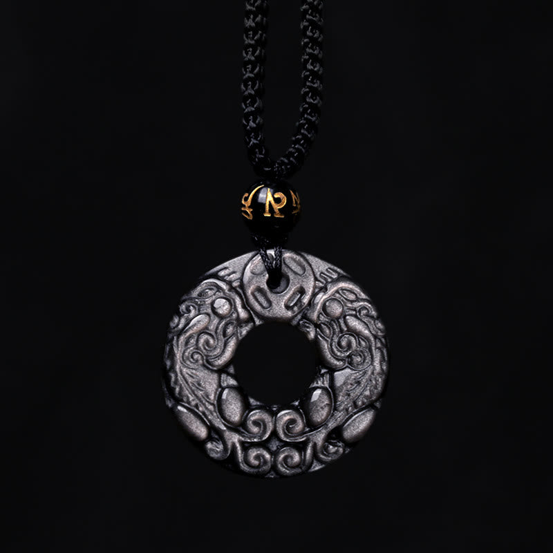 Silver Sheen Obsidian Double PiXiu Protection Necklace Pendant