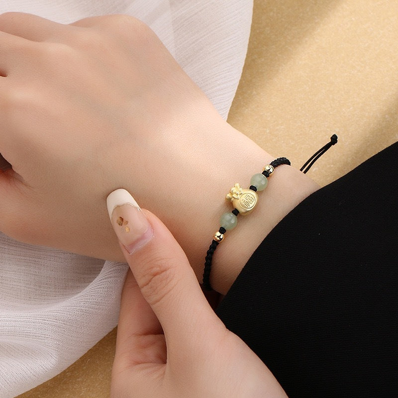 Fu Character Lucky Jade Bead Braided Unisex Bracelet