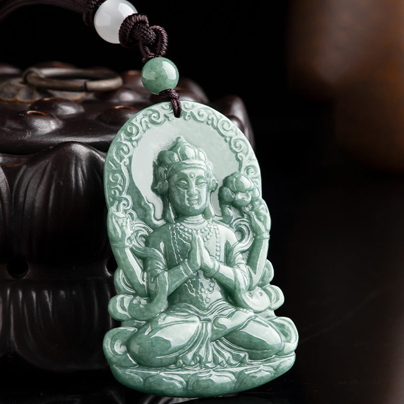 Four-Armed Avalokitesvara Jade Amulet Necklace for Blessings