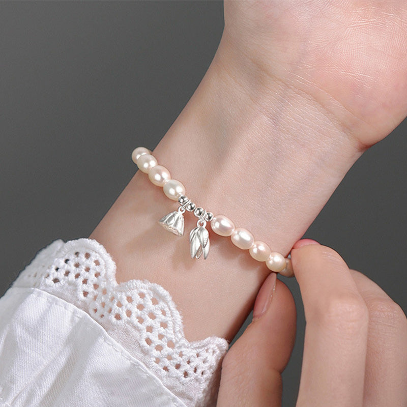 999 Sterling Silver Lotus Pearl Healing Bracelet 14-16cm