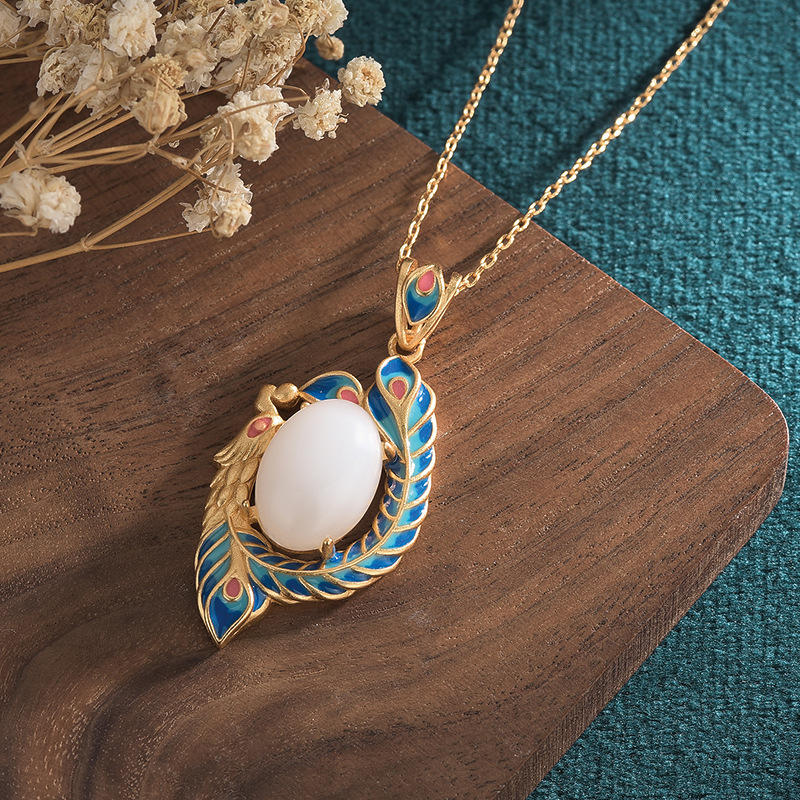 White Jade Peacock Blessing Necklace for Protection & Luck