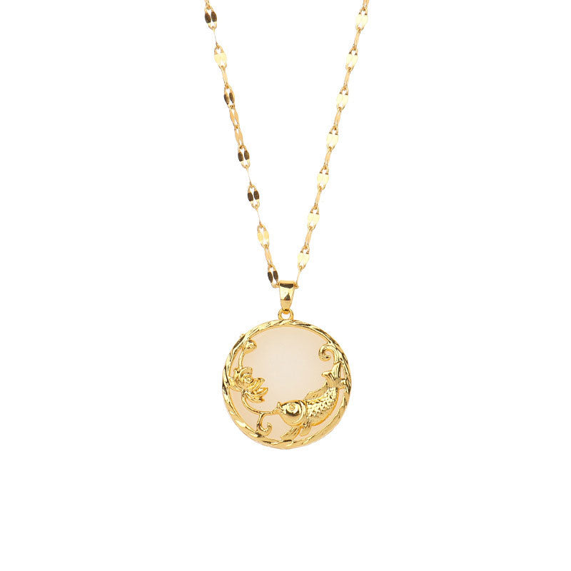 Natural Jade Koi Fish Lotus Luck Pendant Necklace