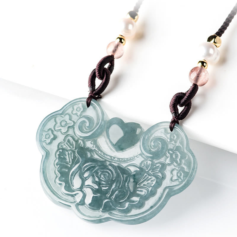 Natural Jade Peony Flower Prosperity Necklace Pendant 32.5mm