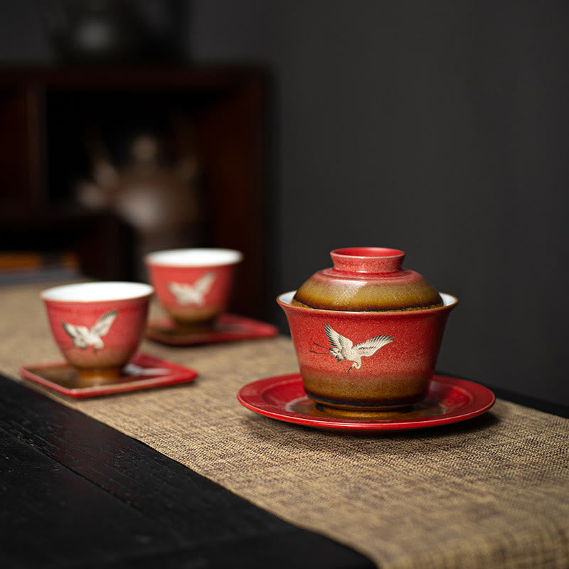 Red Auspicious Crane Ceramic Gaiwan Sancai Teacup | Zen Decor