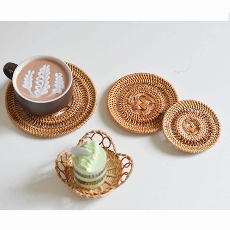Ceramic Flower Pattern Rattan Cup Mat | 10cm Coaster