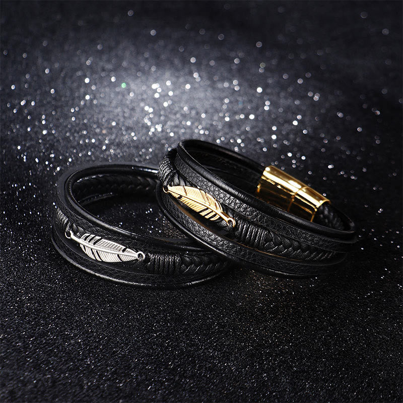 Feather Pattern Titanium Steel Spiritual Bracelet 21.5cm Calm