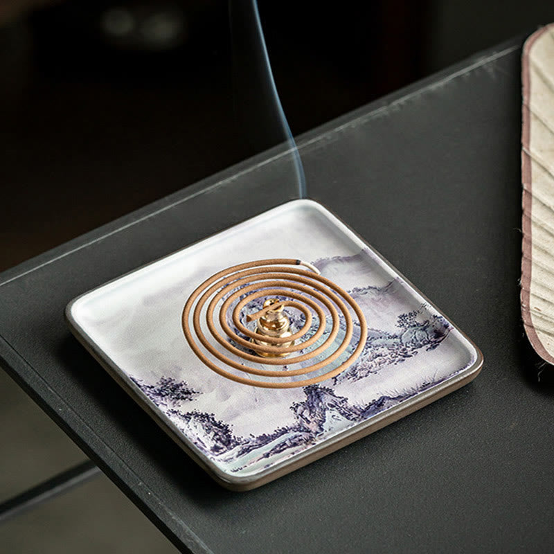 Ceramic Incense Burner Tray with Mountain Lake Flower Leaf Design