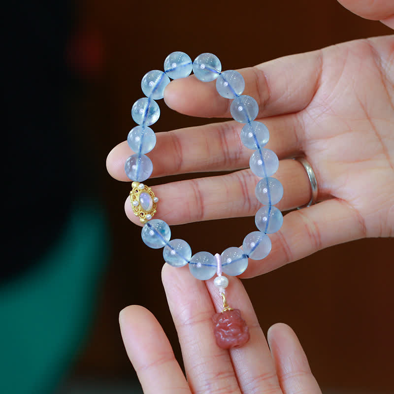 Aquamarine Healing Bracelet with Red Agate and Pearl Beads