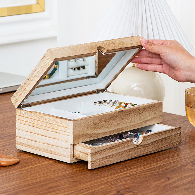 Two-Layer Beige Wooden Jewelry Box with Mirror | Spiritual Home Accents