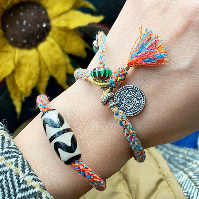 Om Mani Padme Hum Bracelet | Tibetan Dzi Bead Silver Braid
