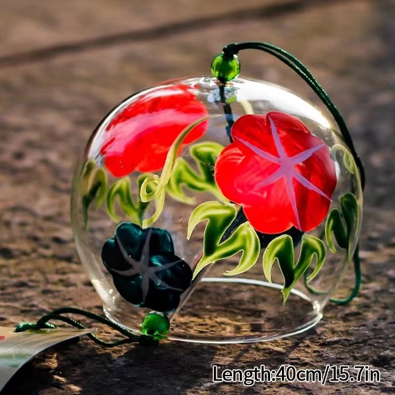 Glass globe pendant with red and black flowers and green leaves for Japanese Glass Wind Chimes