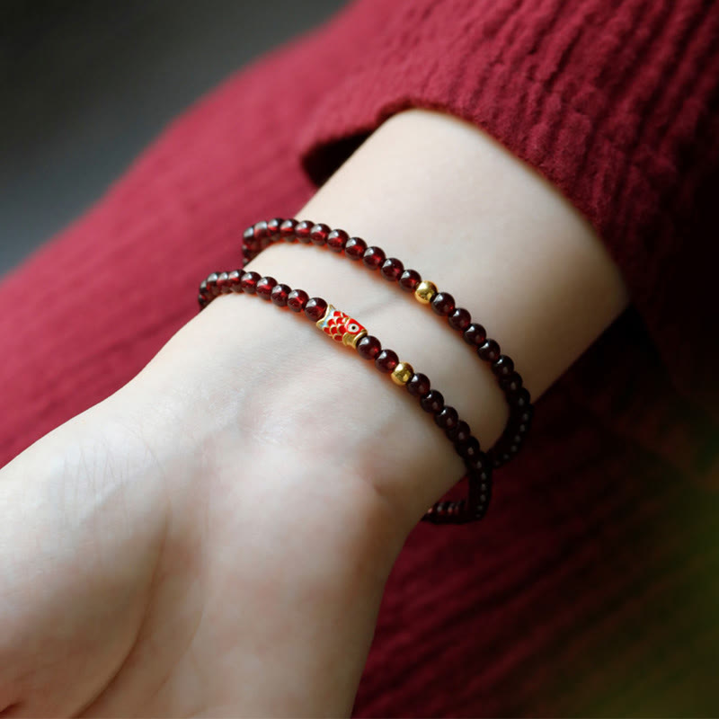 5mm Garnet Bracelet with 999 Gold Koi Fish for Protection