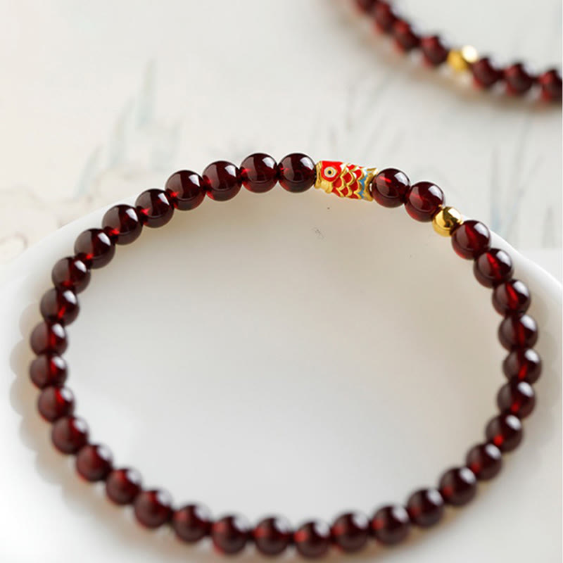 5mm Garnet Bracelet with 999 Gold Koi Fish for Protection