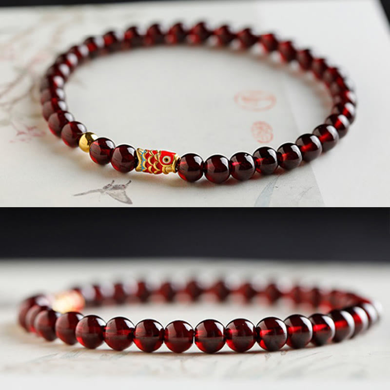 5mm Garnet Bracelet with 999 Gold Koi Fish for Protection