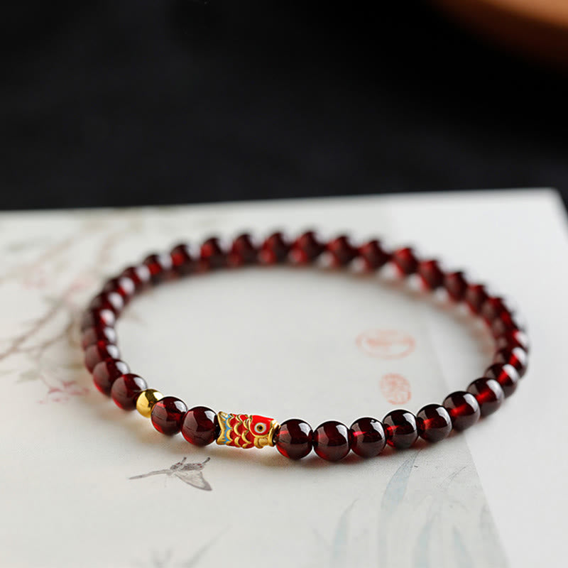 5mm Garnet Bracelet with 999 Gold Koi Fish for Protection