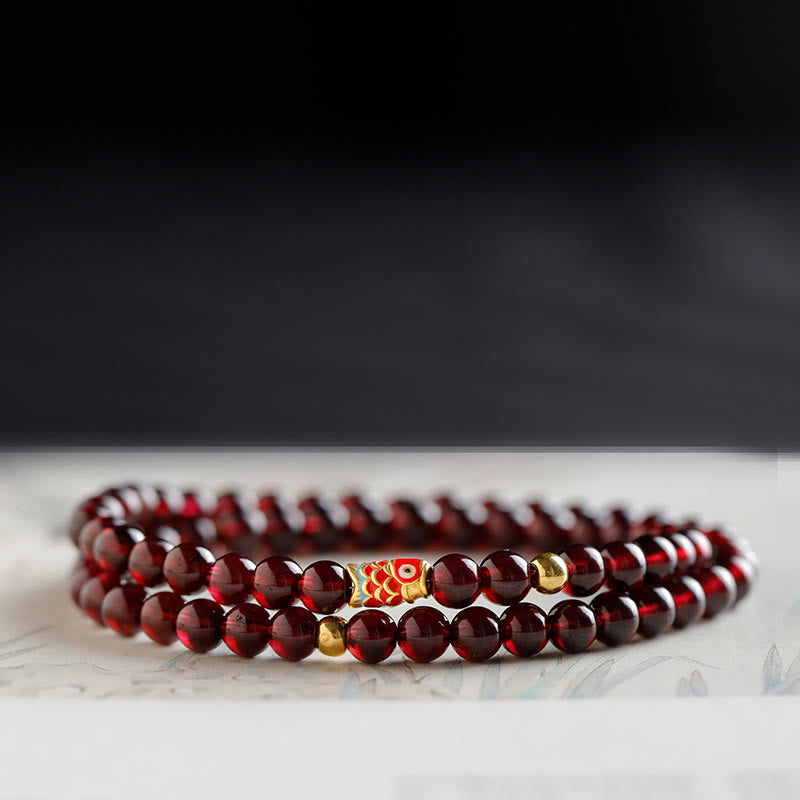 5mm Garnet Bracelet with 999 Gold Koi Fish for Protection