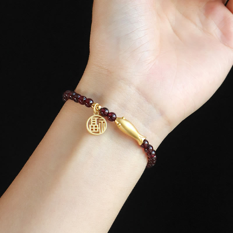 5mm Garnet Purification Bracelet with Sterling Silver Fish & Fu Charm