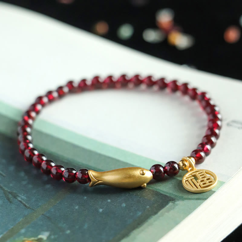 5mm Garnet Purification Bracelet with Sterling Silver Fish & Fu Charm