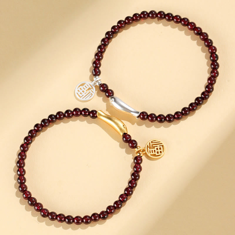 5mm Garnet Purification Bracelet with Sterling Silver Fish & Fu Charm