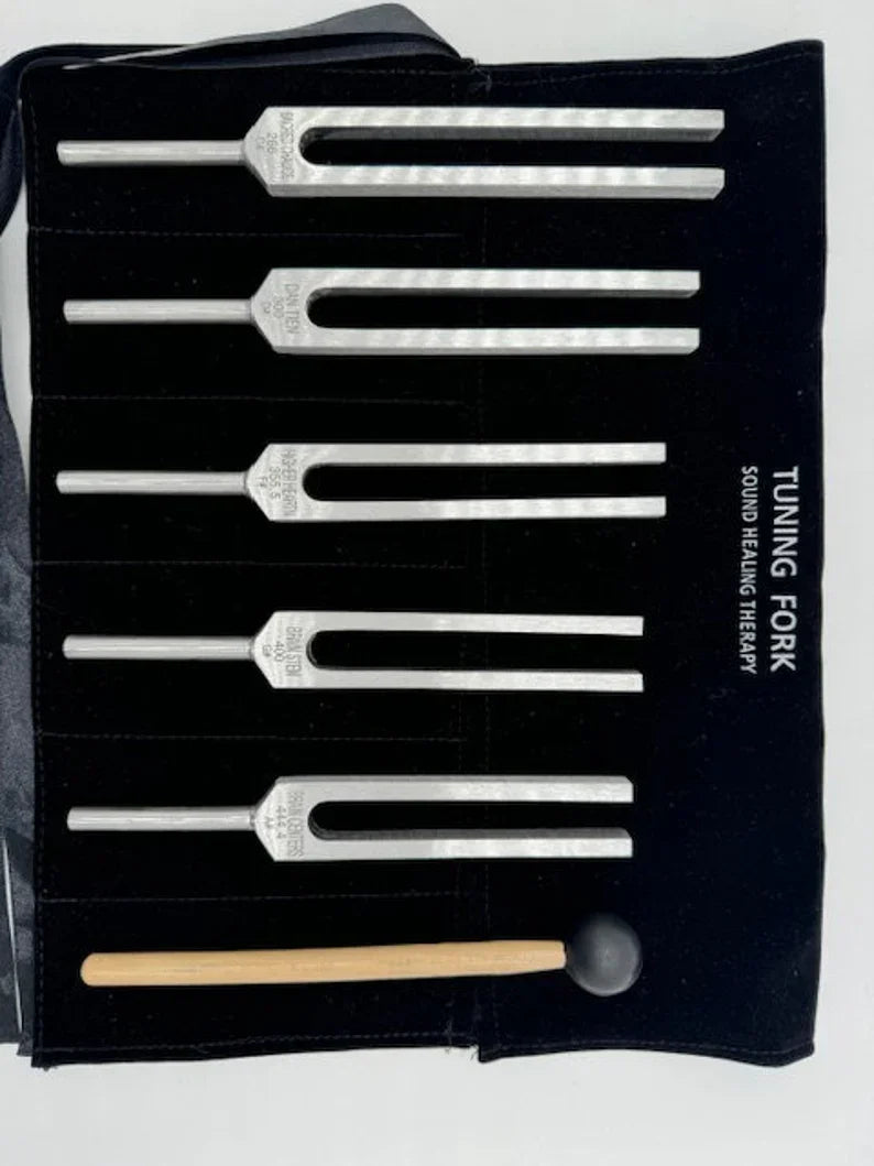 Set of Sharp Harmonic Tuning Forks and striking mallet for sound therapy