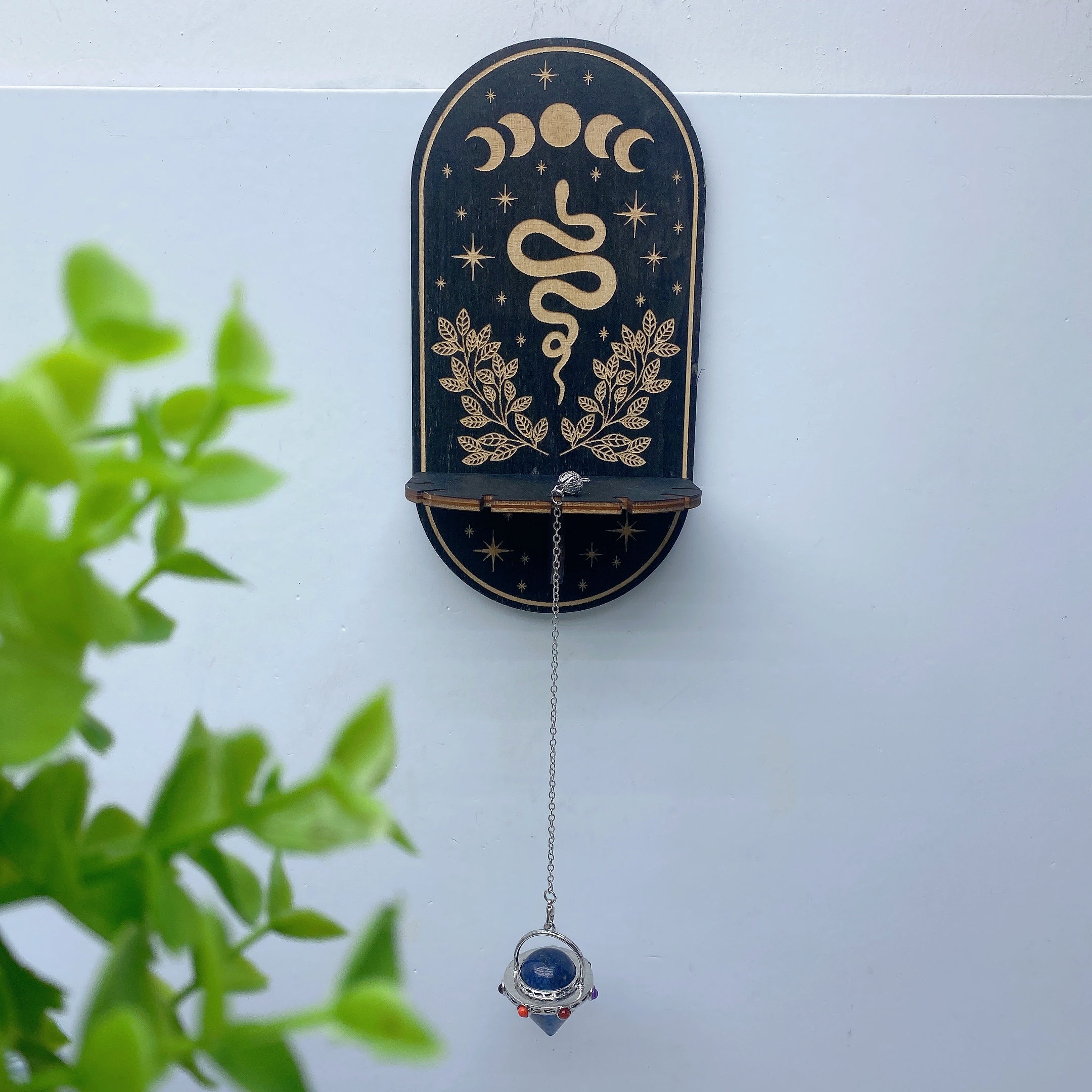 6.5in Wooden Crystal Display Shelf with Pendant | Owl, Cat, Snake
