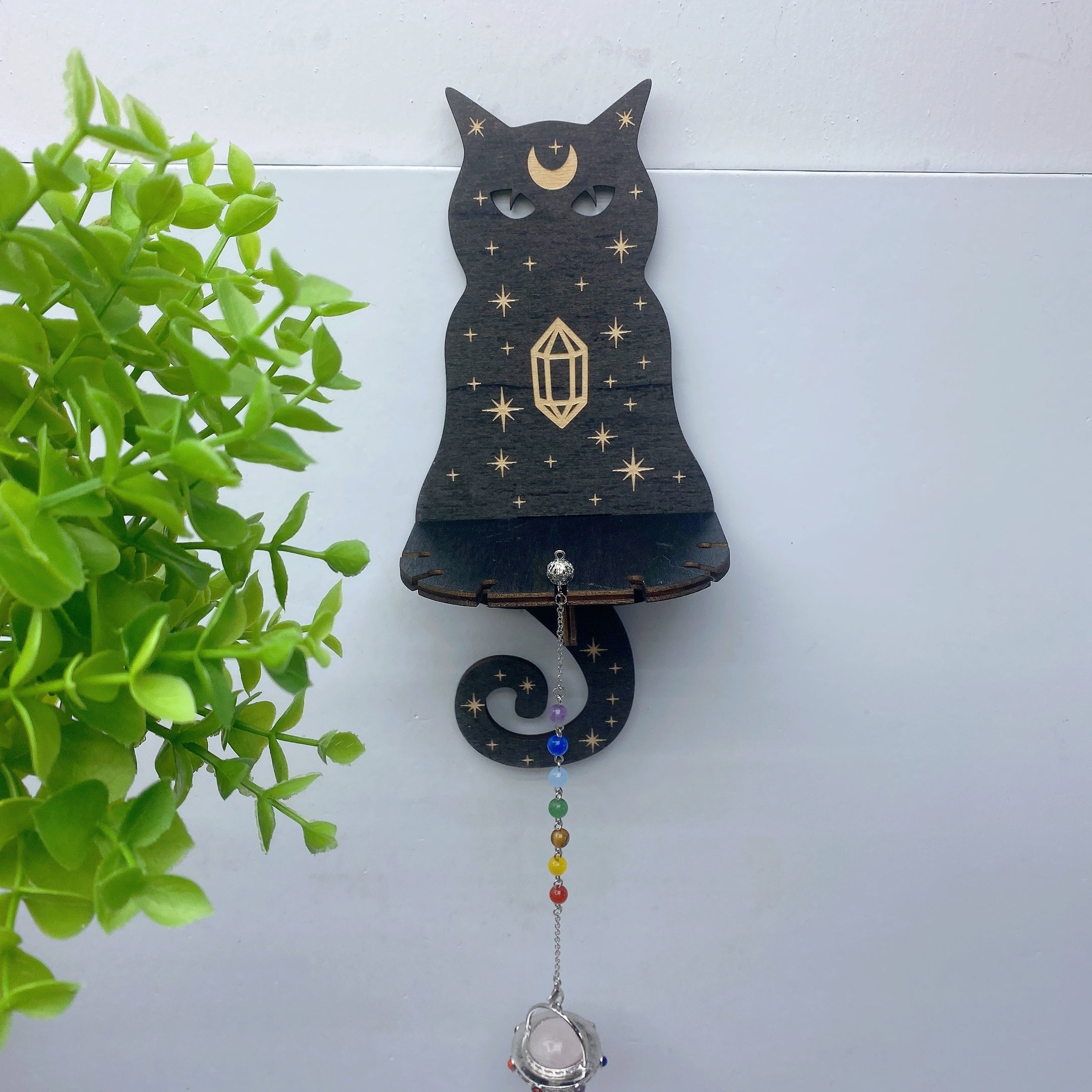 6.5in Wooden Crystal Display Shelf with Pendant | Owl, Cat, Snake