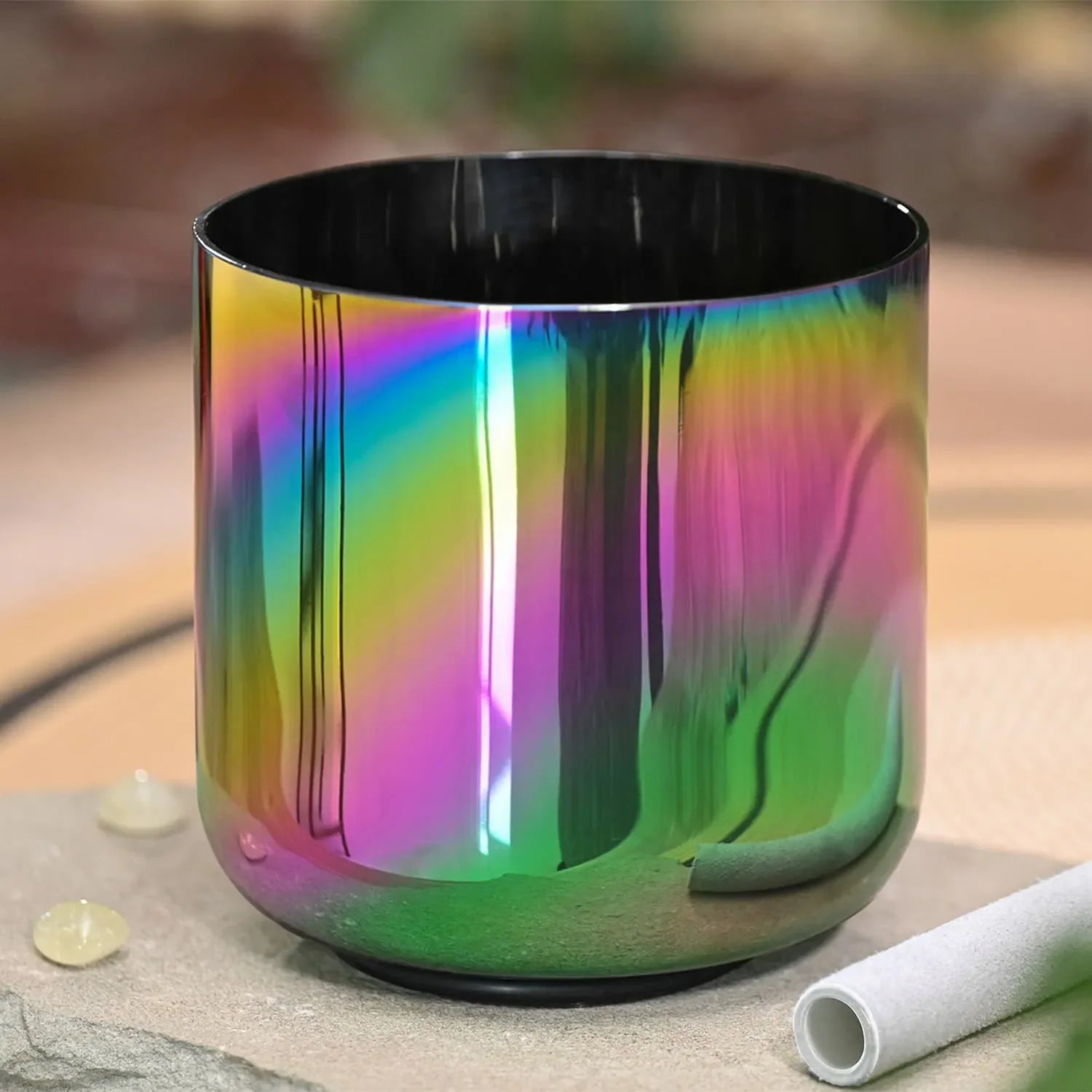 Iridescent 6-7 inch Aurora Borealis Crystal Singing Bowl with rainbow metallic finish