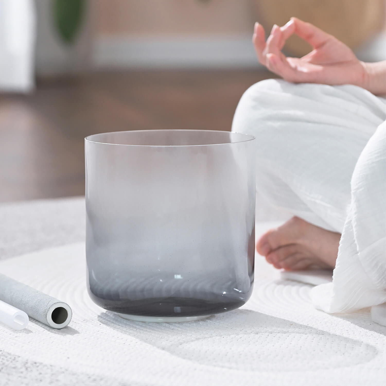 Frosted gray glass vessel with a cylindrical shape for Pure Quartz Crystal Singing Bowl