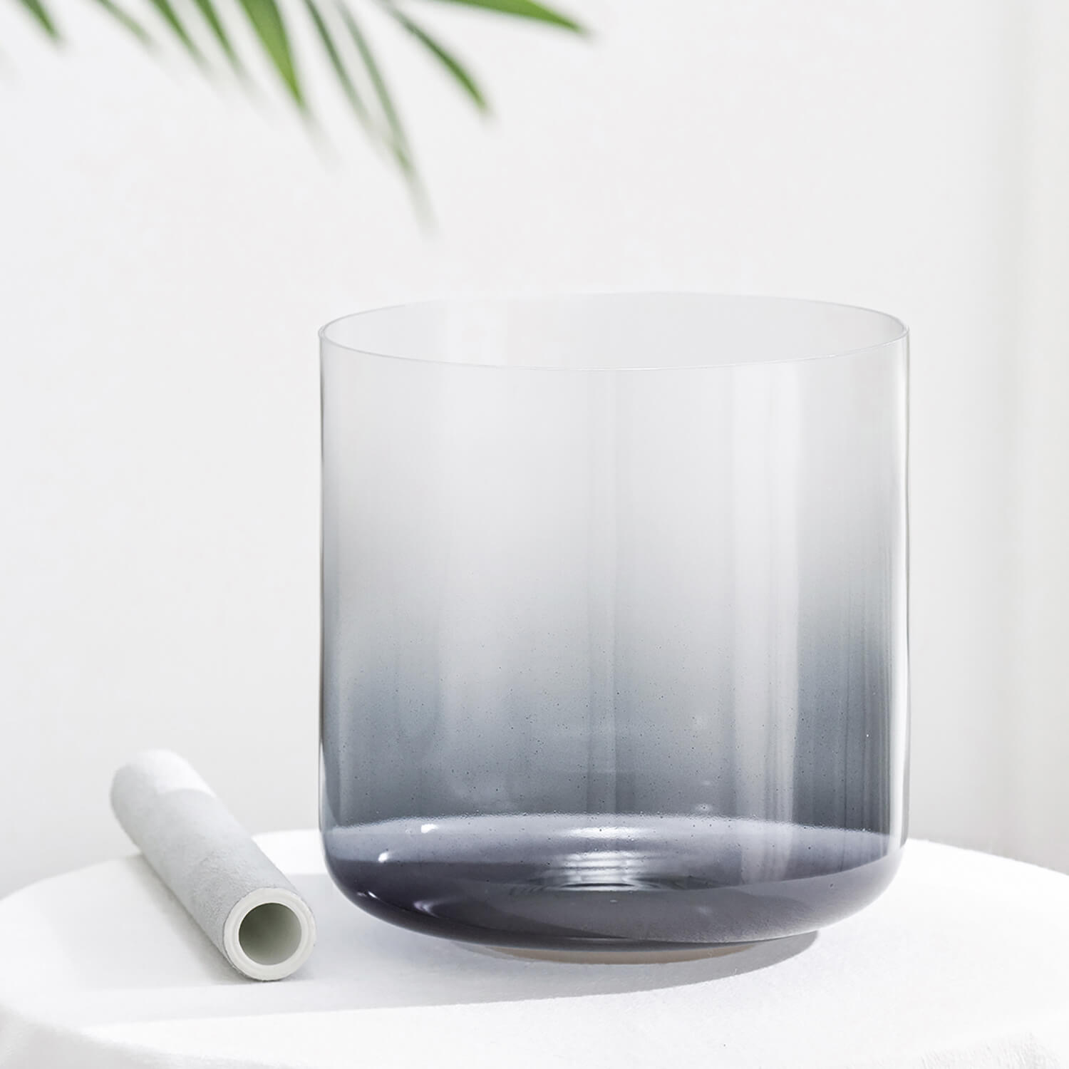 Smoky gray gradient glass tumbler with 6-7 inch Pure Quartz Crystal Singing Bowl