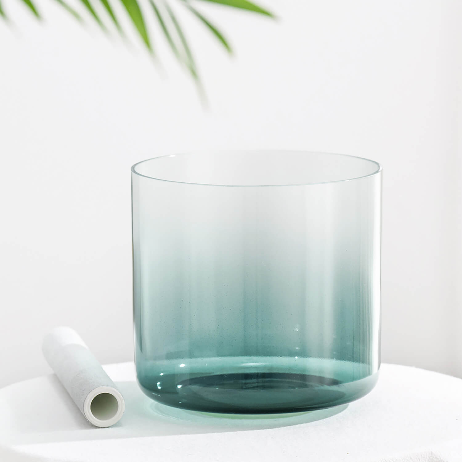 Clear cylindrical glass vessel with turquoise-blue gradient for Quartz Crystal Singing Bowl