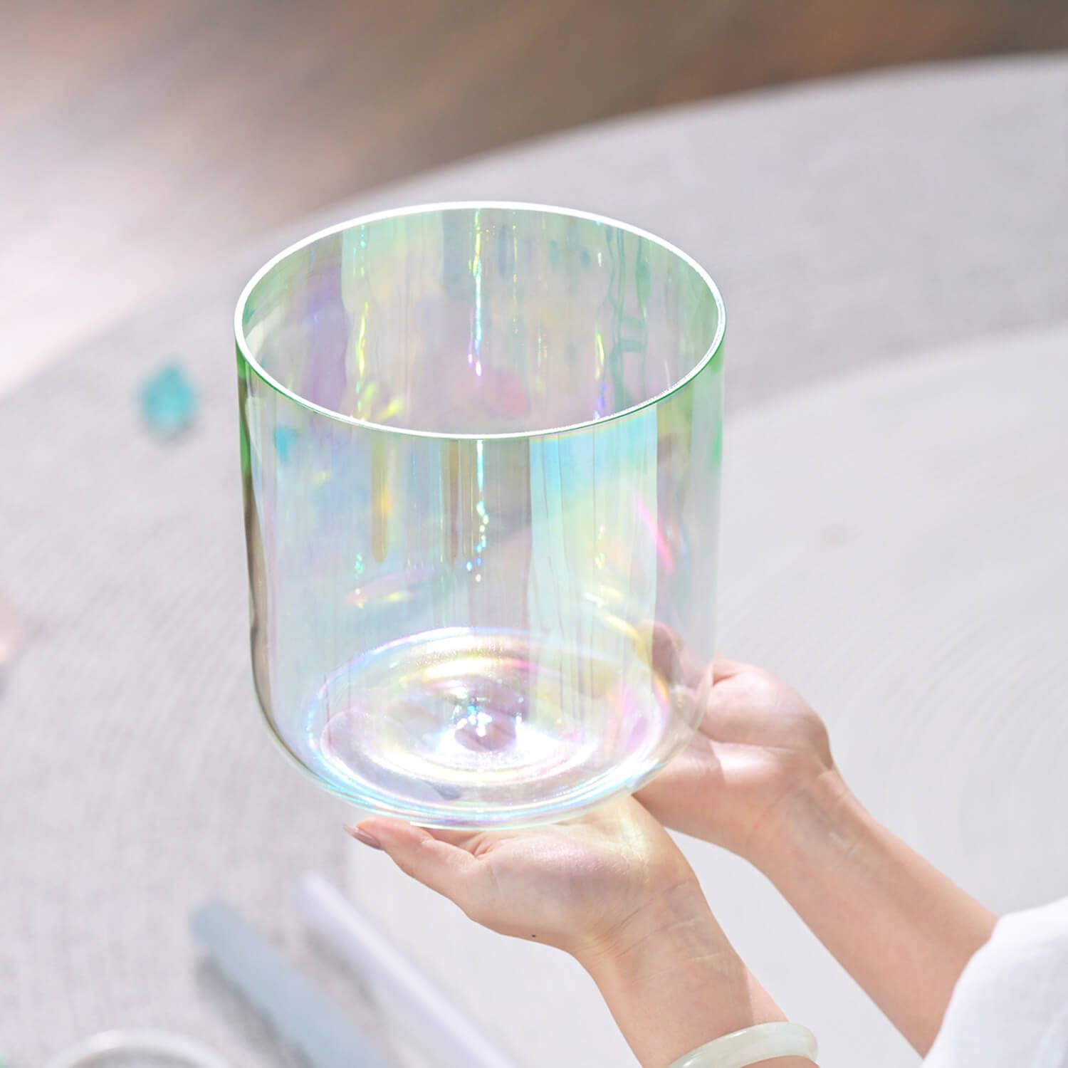 Iridescent Quartz Crystal Singing Bowl for Meditation with rainbow reflections