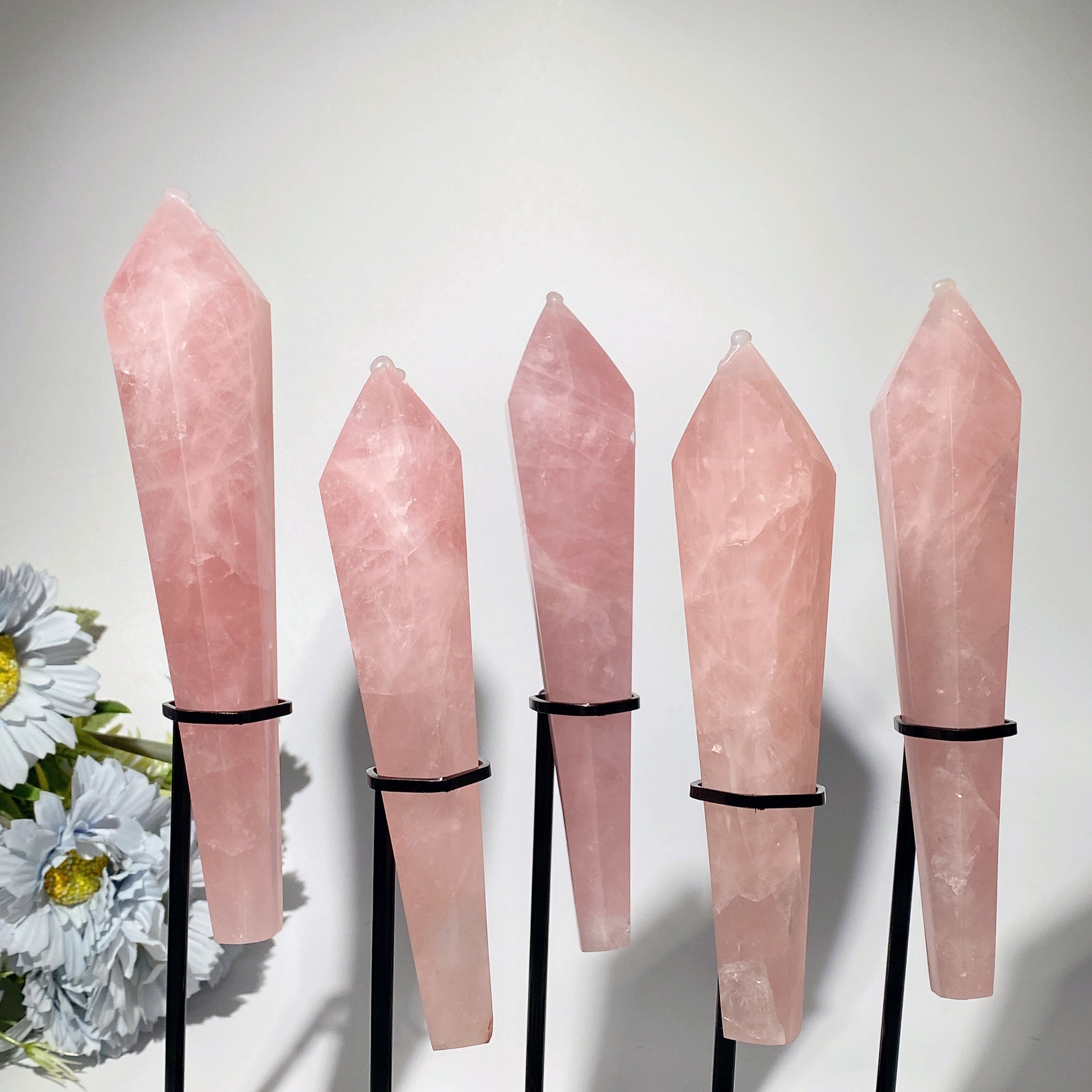 6-8 inch Rose Quartz Healing Crystal Wand with Stand